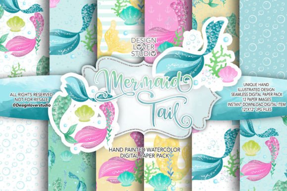 Download Watercolor Mermaid Tail Digital Paper Pa - Premium Bundle